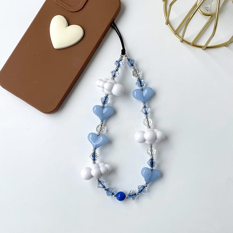 WCCH Beaded Phone Charm Y2K Kawaii Handmade Acrylic Phone Lanyard Wrist Strap for Camera Bag Airpods Keychain Charm Light Blue Heart with White Clouds - Image 2